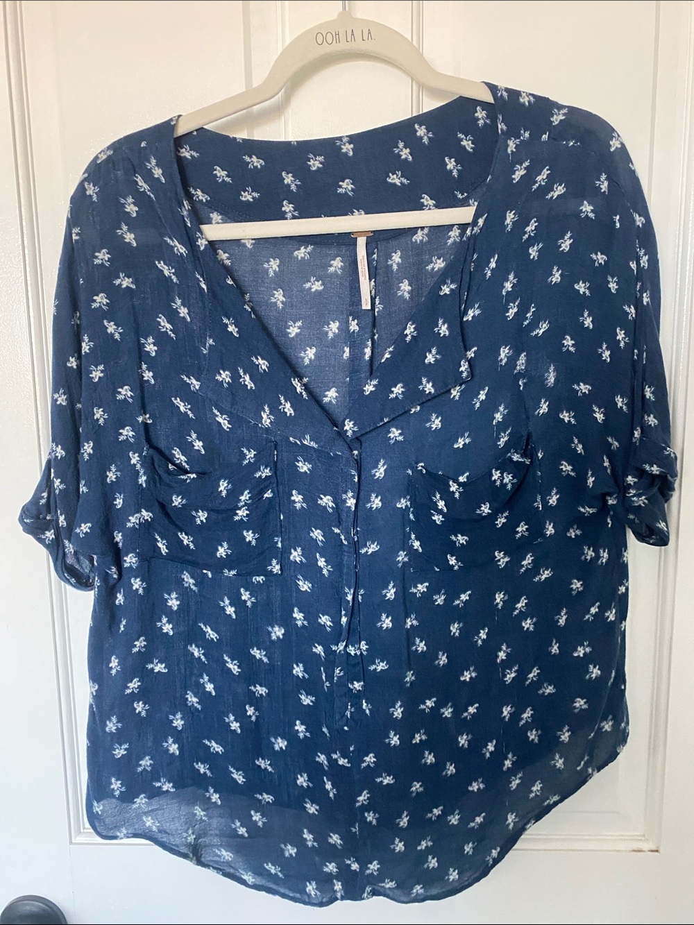 Free People Navy Blue Floral Half-Button Blouse